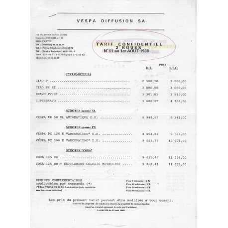 Tarif détail 2 roues VESPA diffusion juin 1989