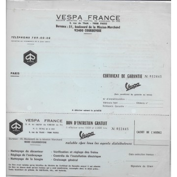 Certificat de garantie VESPA FRANCE