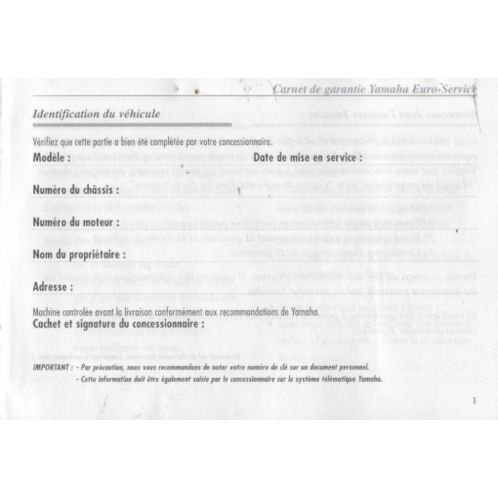 YAMAHA Carnet de garantie  neuf (1997)