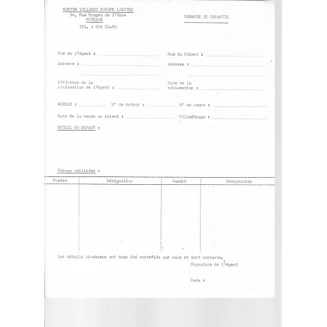 Demande de garantie Norton Villiers Europe Limited
