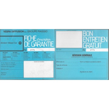 VESPA carte de garantie VESPACAR neuve