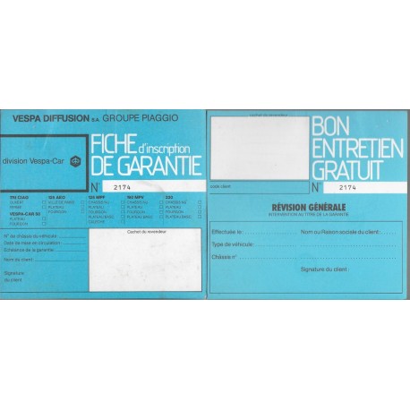 VESPA carte de garantie VESPACAR neuve