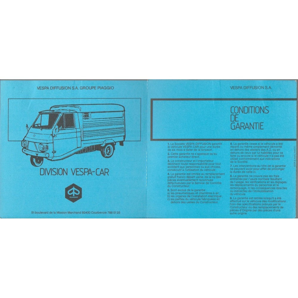 VESPA carte de garantie VESPACAR neuve