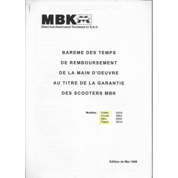 Barème main d'oeuvre scooters MBK (05/1998)