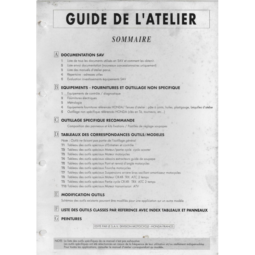 HONDA Guide de l'atelier (supposé 1994)