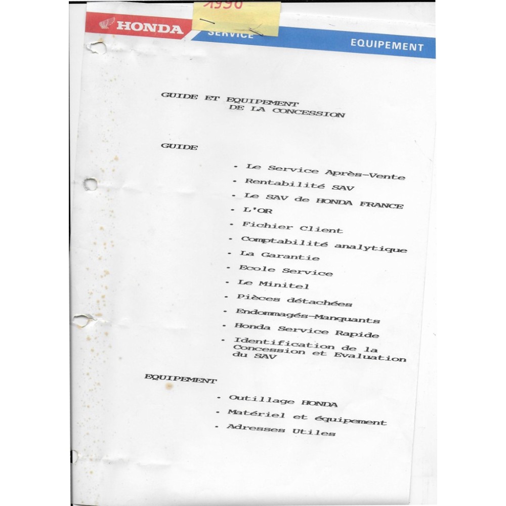 Classeur HONDA Equipement / guide Concessionnaire 1990