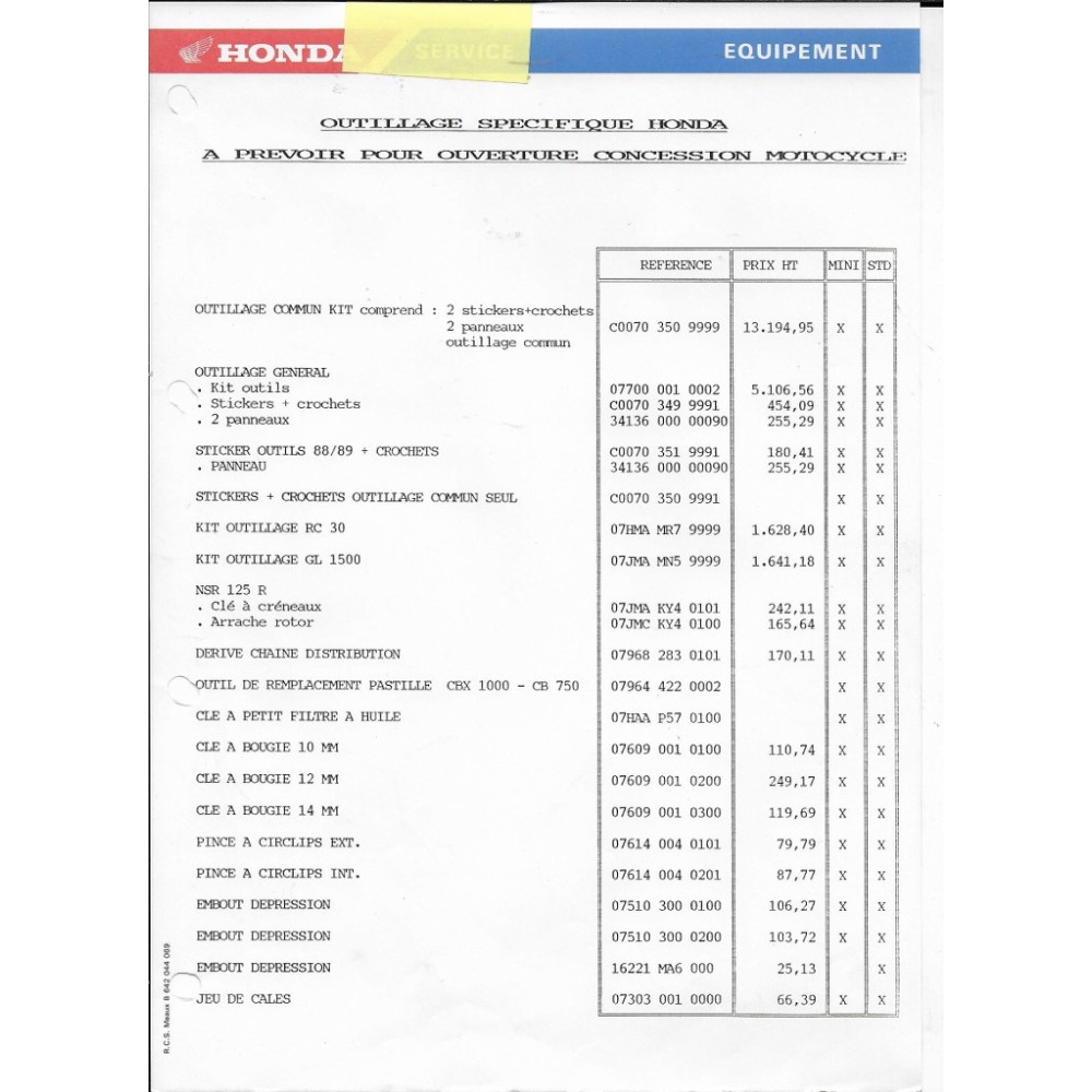 Classeur HONDA Equipement / guide Concessionnaire 1990