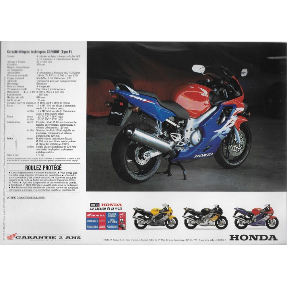 Catalogue HONDA CBR 600 F modèle 1999
