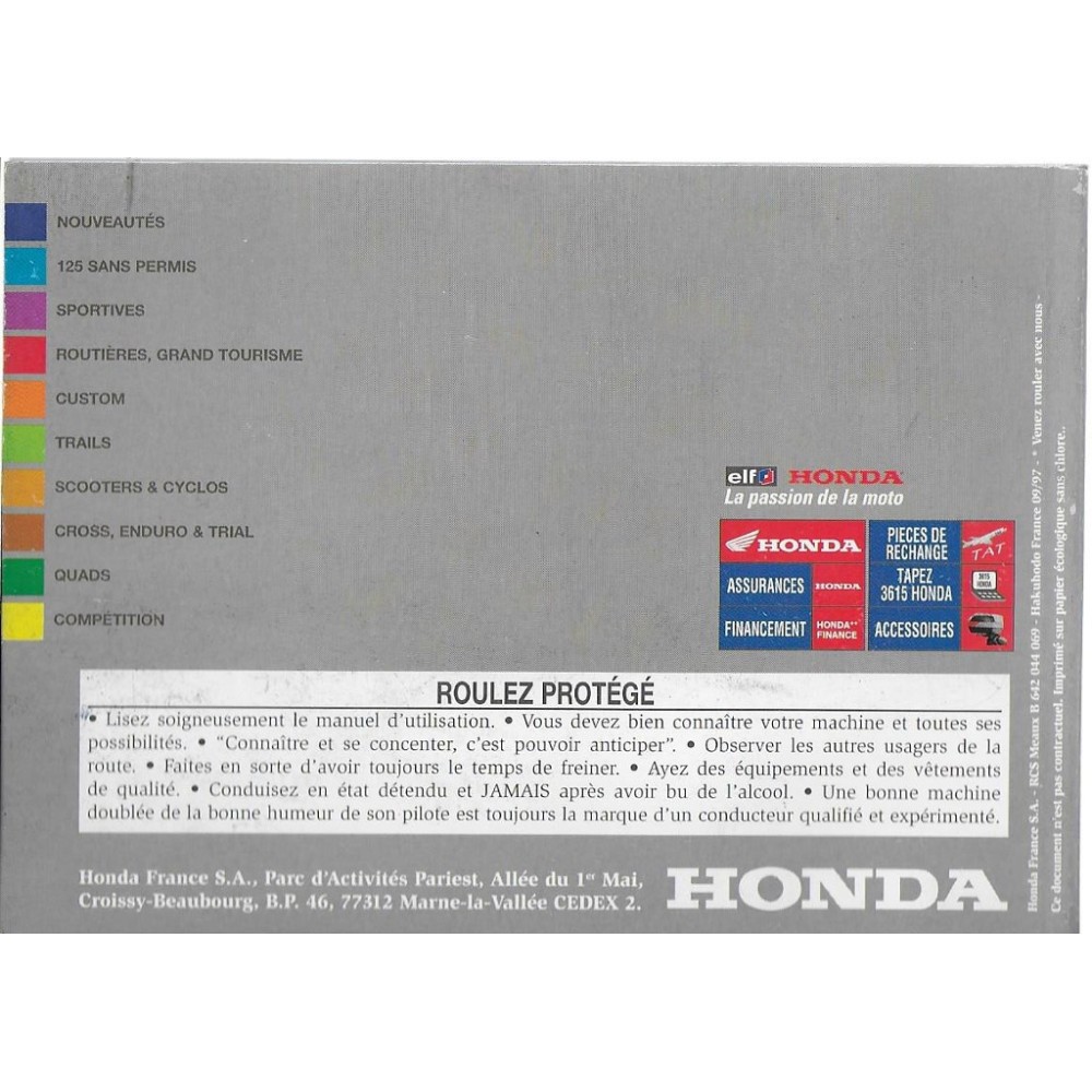 Catalogue Gamme HONDA Motos de 1998
