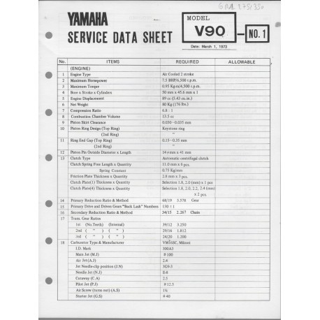 YAMAHA V 90 (fiche technique 01 / 03  /1973)