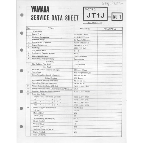 YAMAHA 60cc JT1J (fiche technique 01 / 03  /1973)