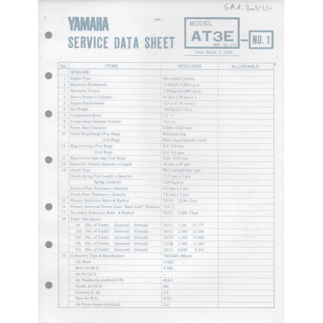 YAMAHA 125cc AT3 E (fiche technique 01 / 03  /1973)