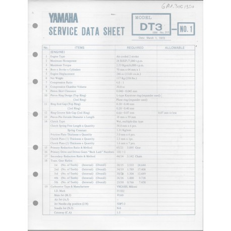 YAMAHA 250cc DT3 (fiche technique 01 / 03  /1973)