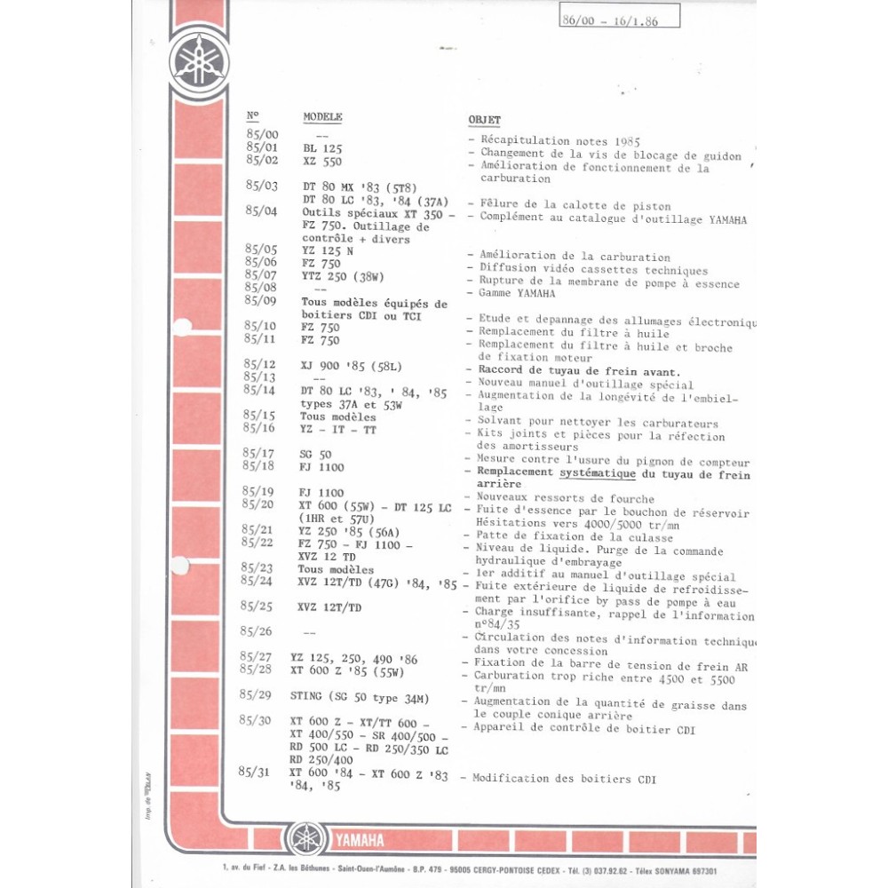 Notes techniques YAMAHA de 1985