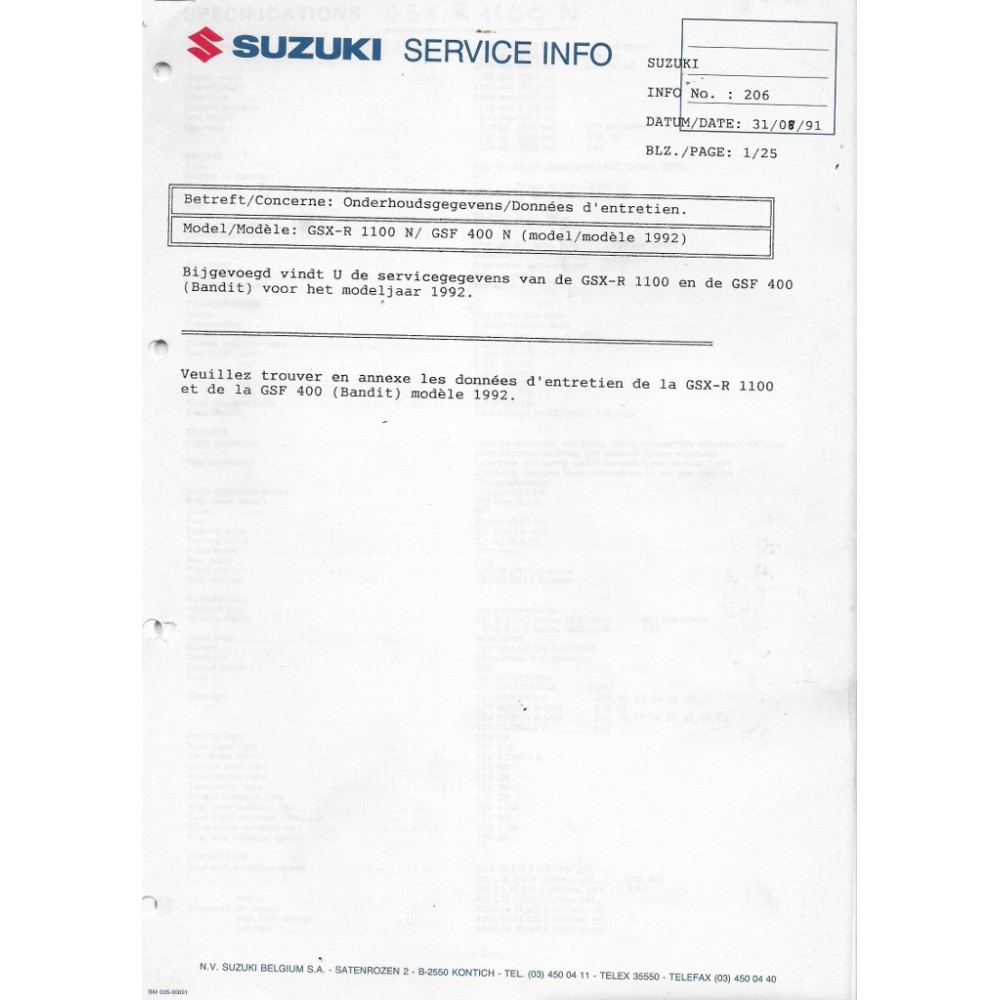 Notes techniques SUZUKI Belgique de 1991 et 1992