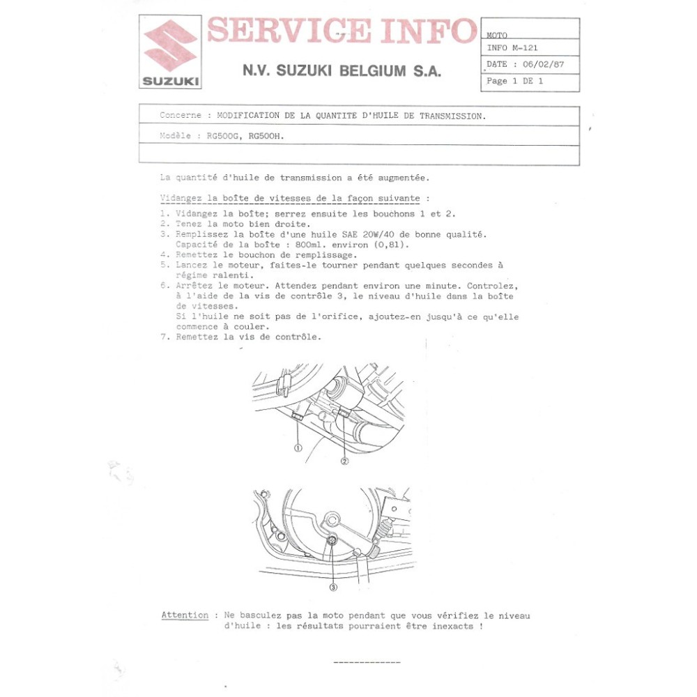 Notes techniques SUZUKI Belgique de 1988