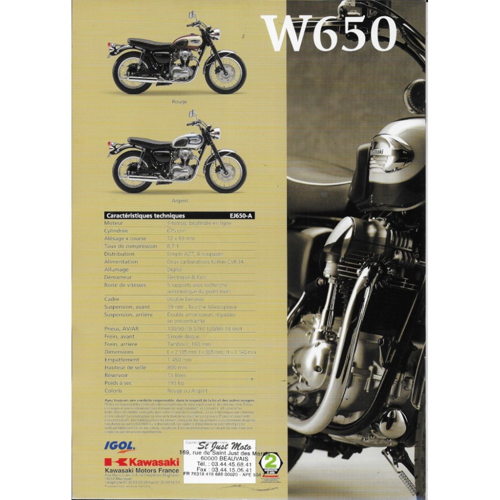 Kawasaki catalogue W 650 (catalogue neuf)